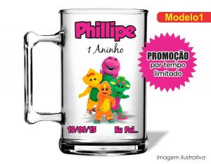 CANECA ACRÍLICA INFANTIL - BARNEY Poliestireno  Frente colorido Impressão no Adesivo Vinil  