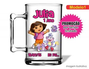 CANECA ACRÍLICA INFANTIL - DORA AVENTUREIRA Poliestireno  Frente colorido Impressão no Adesivo Vinil  