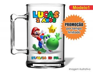 CANECA ACRÍLICA INFANTIL - MARIO BROS Poliestireno  Frente colorido Impressão no Adesivo Vinil  