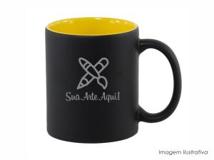 CANECA EM CERÂMICA MÁGICA FOSCA ALÇA E INTERIOR EM AMARELO